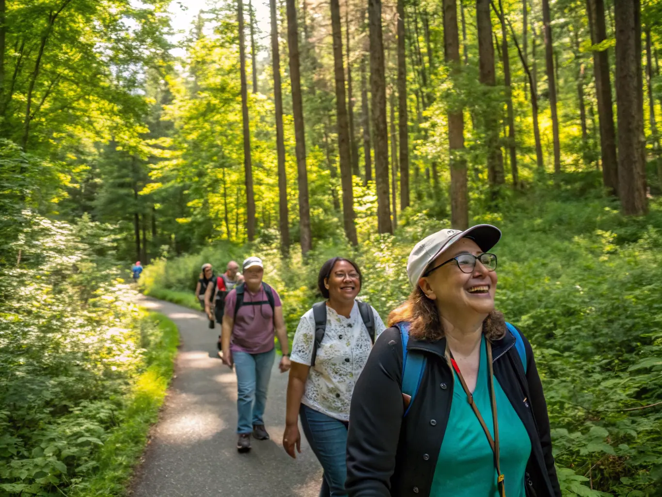 A group of local residents, including children and seniors, participating in a guided nature walk led by a CSNB educator in a lush reserve, highlighting community engagement.