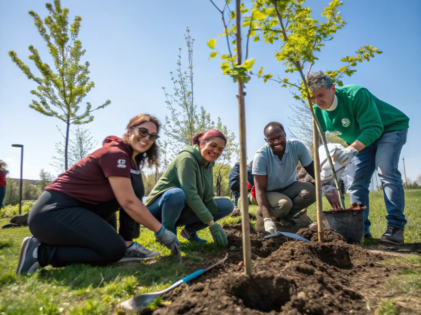 A vibrant image of volunteers and staff planting native trees along a riverbank in Burgundy, with visible signage for CSNB and lush green surroundings.