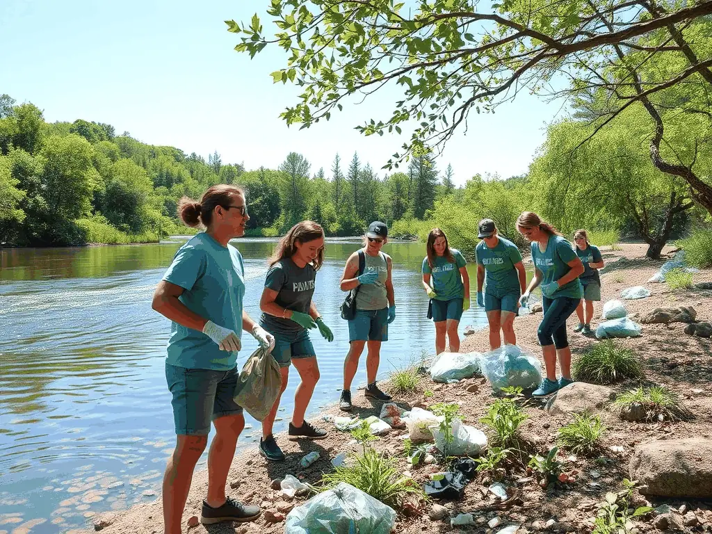 A community clean-up event along a riverbank, with volunteers collecting litter and sorting recyclables.