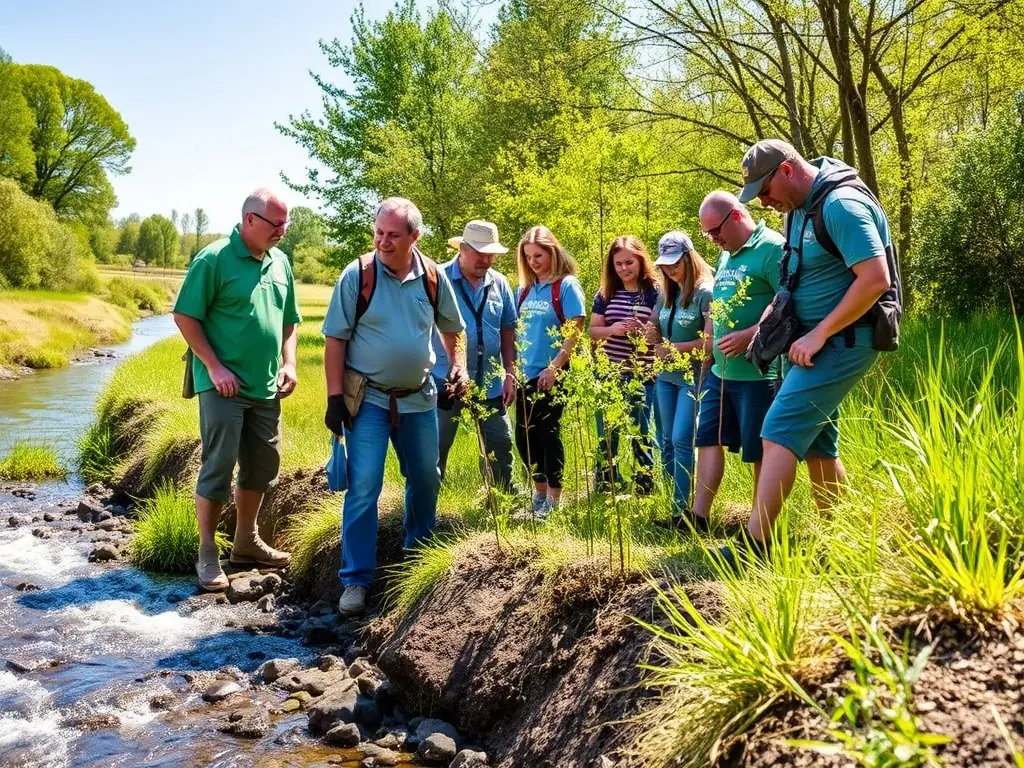 A team of volunteers planting native trees and shrubs along a riverbank, with visible restoration tools and educational signage, representing ecosystem restoration in action.