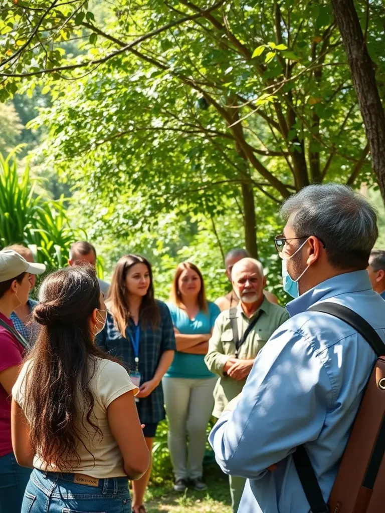 Community members, including children and seniors, participating in an outdoor educational workshop led by CSNB staff in a scenic nature reserve.