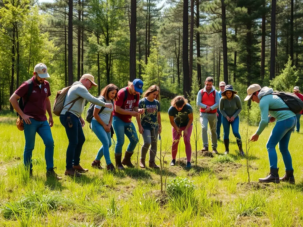 A group of volunteers planting native trees in a lush green field under spring sunlight, with banners showing CSNB logo.