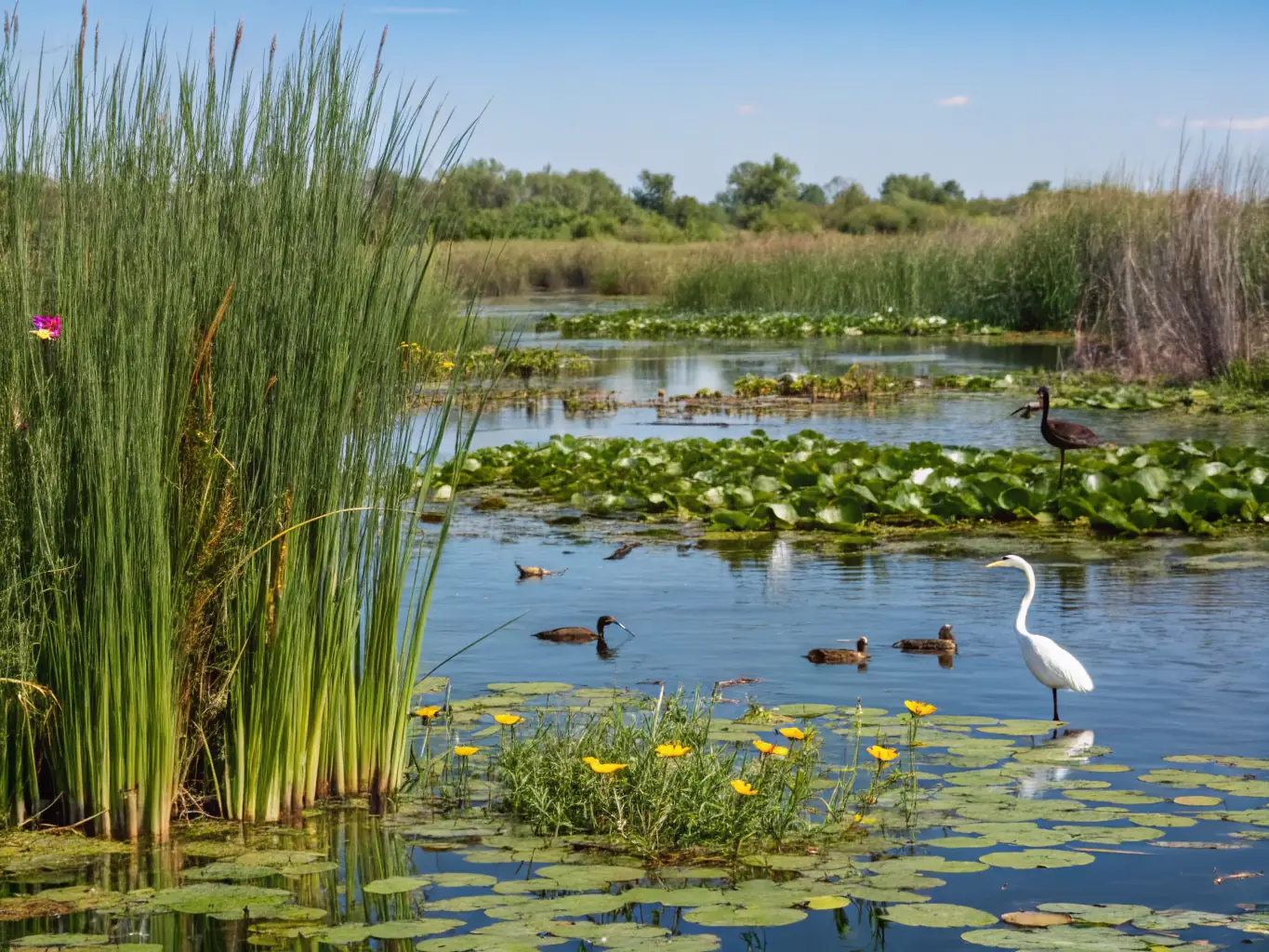A vibrant wetland landscape in Burgundy with native birds, wildflowers, and a CSNB field team monitoring the area, illustrating active habitat preservation efforts.