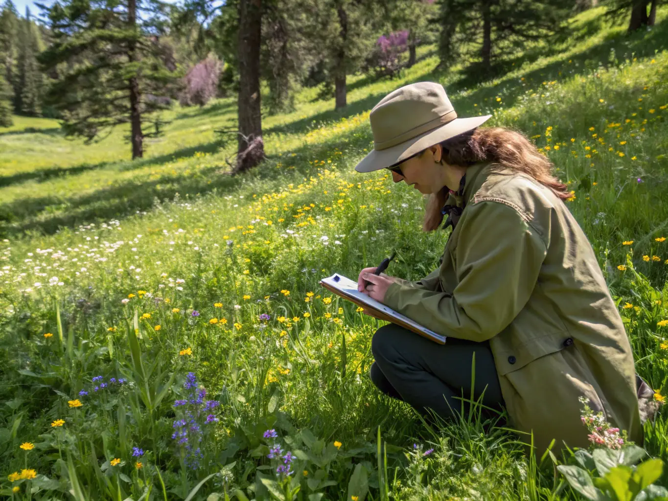 A close-up photo of a botanist conducting a biodiversity survey in a Burgundy meadow, documenting rare orchids and insects with scientific equipment.