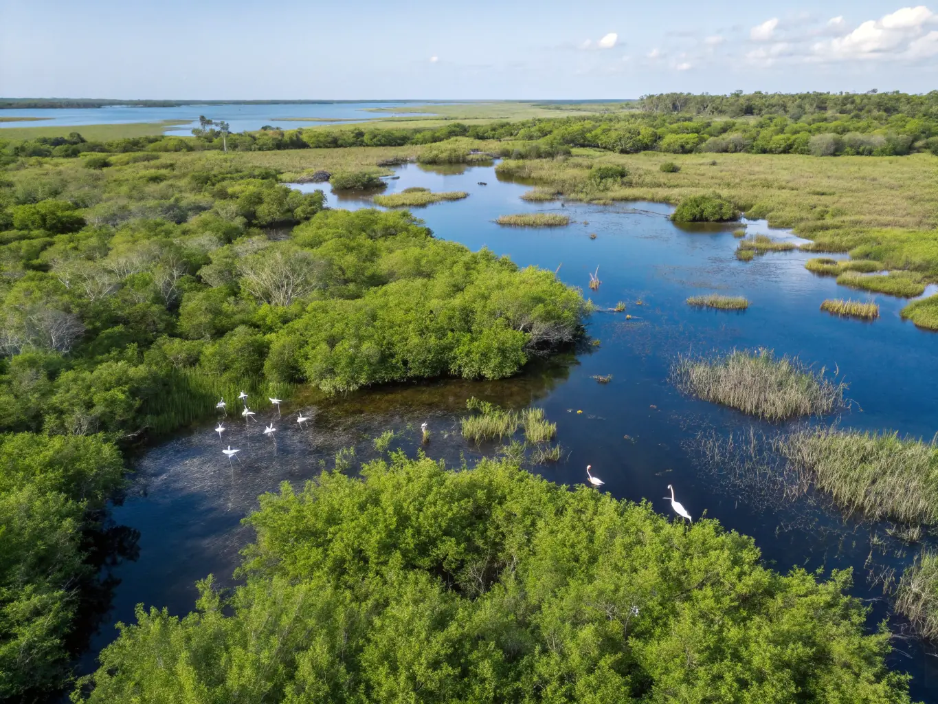 A panoramic photograph of a restored wetland in Burgundy, with native wildflowers, reeds, and a flock of waterfowl, illustrating successful habitat restoration by CSNB.