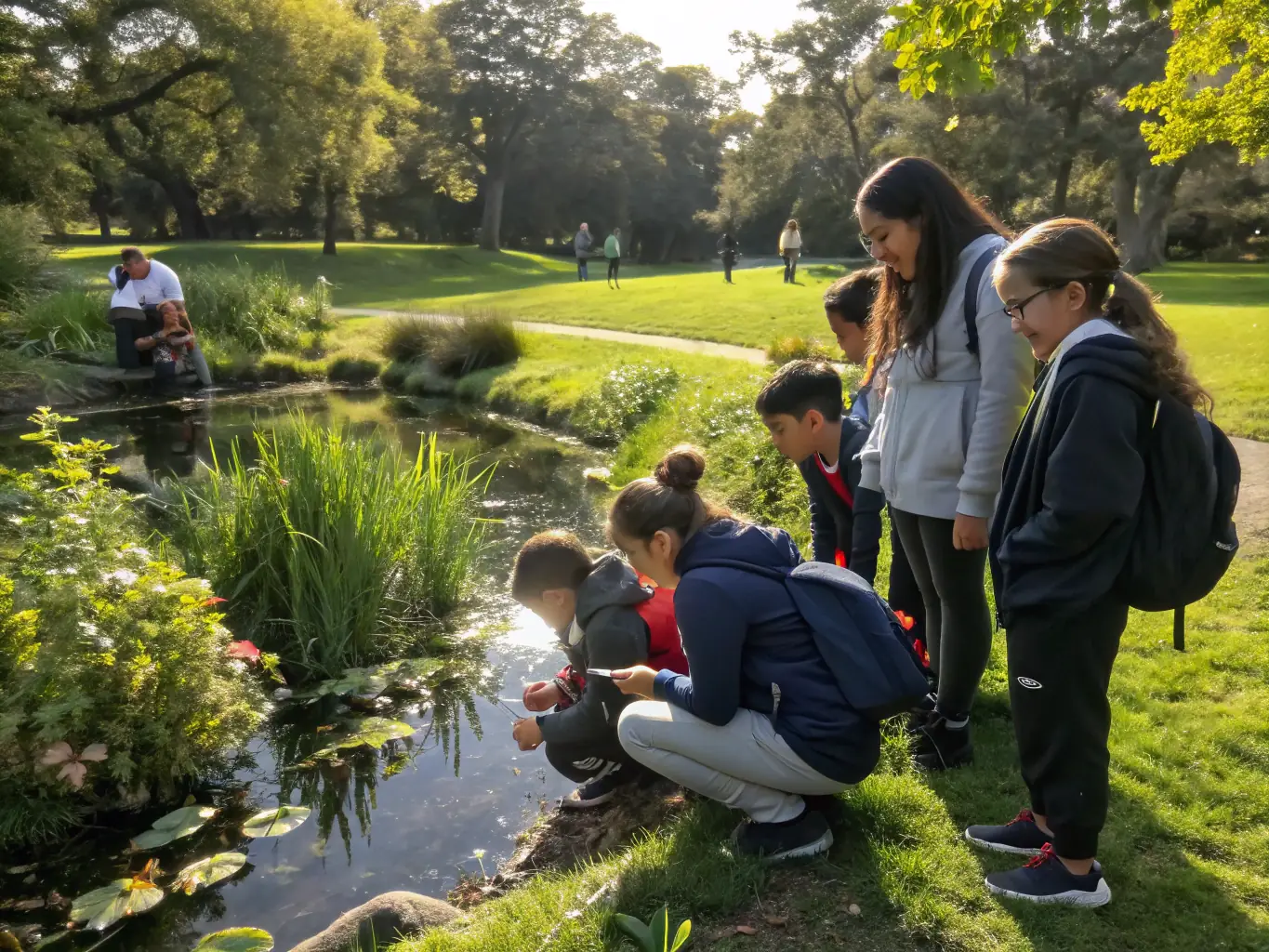 Children and adults gathered around a pond, observing wildlife with binoculars and notebooks, guided by a CSNB naturalist.