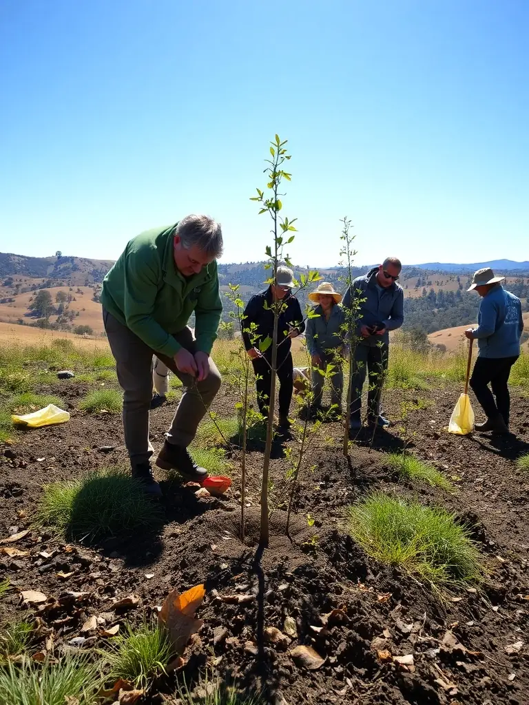 Volunteers planting native trees along a restored riverbank, with tools and saplings, under the guidance of CSNB ecologists during a hands-on restoration project.